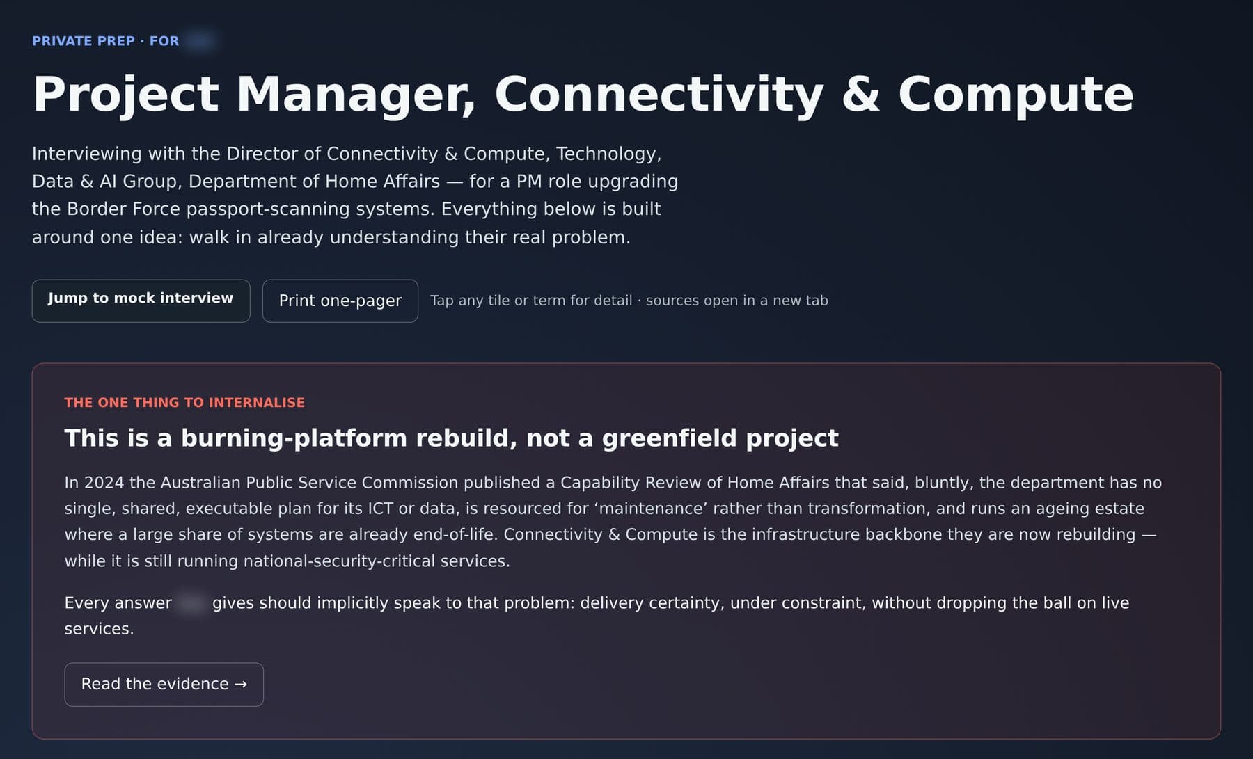 Dossier opening: the decoded role — Project Manager, Connectivity & Compute — and the one thing to internalise: a burning-platform rebuild, not a greenfield project