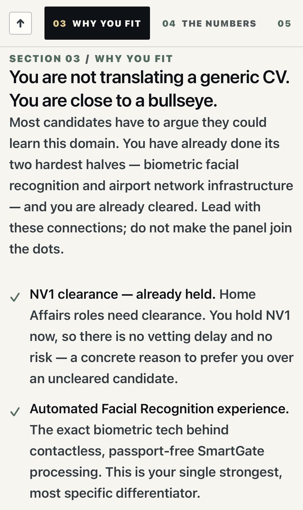 Section 03 of the first Front Foot Dossier: the why-you-fit map, drawing the candidate's clearance and biometric delivery history onto the employer's needs