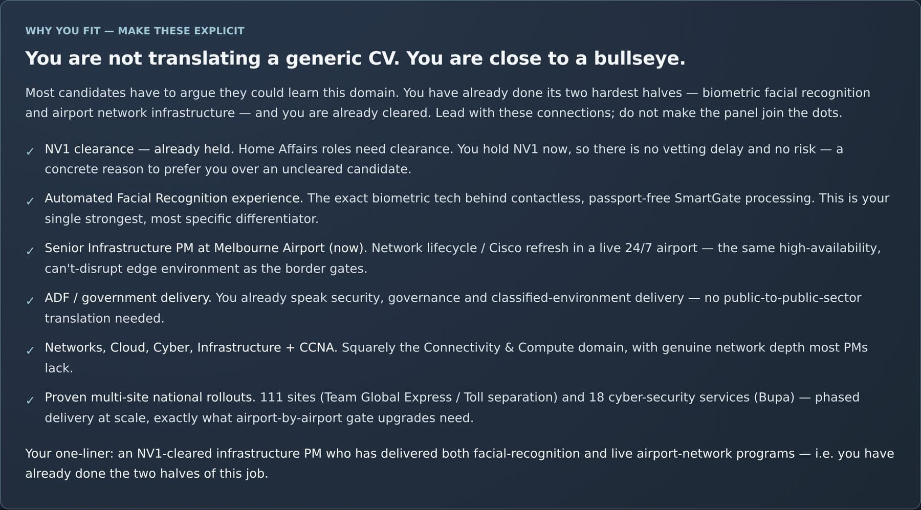 Dossier section mapping the candidate's history to the role: clearance held, facial-recognition delivery, live-airport network experience, multi-site rollouts